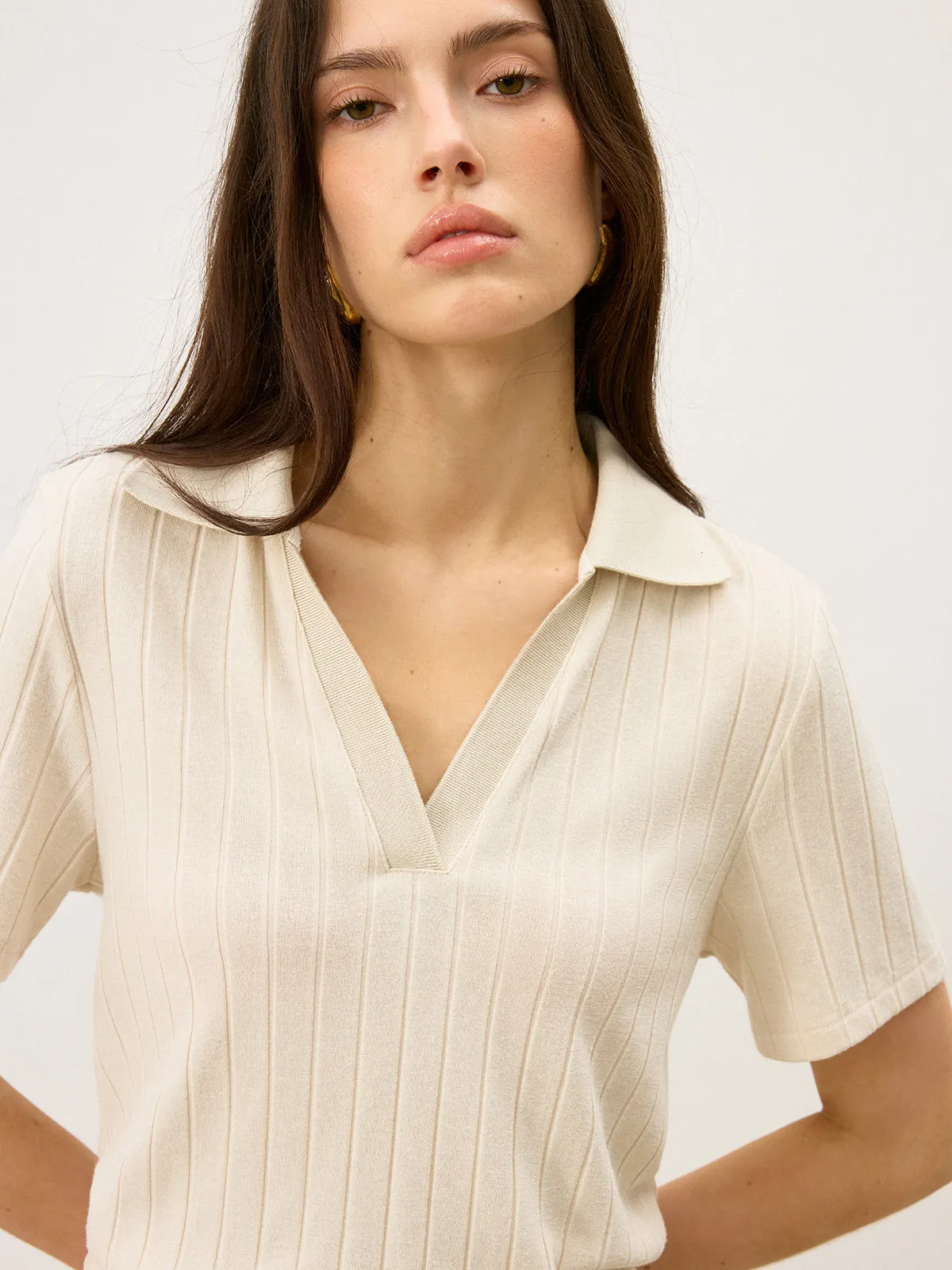 Ribbed Polo-Neck Knit Top sold by COMMENSE product image thumbnail 5