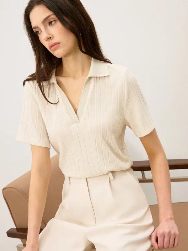 Ribbed Polo-Neck Knit Top sold by COMMENSE