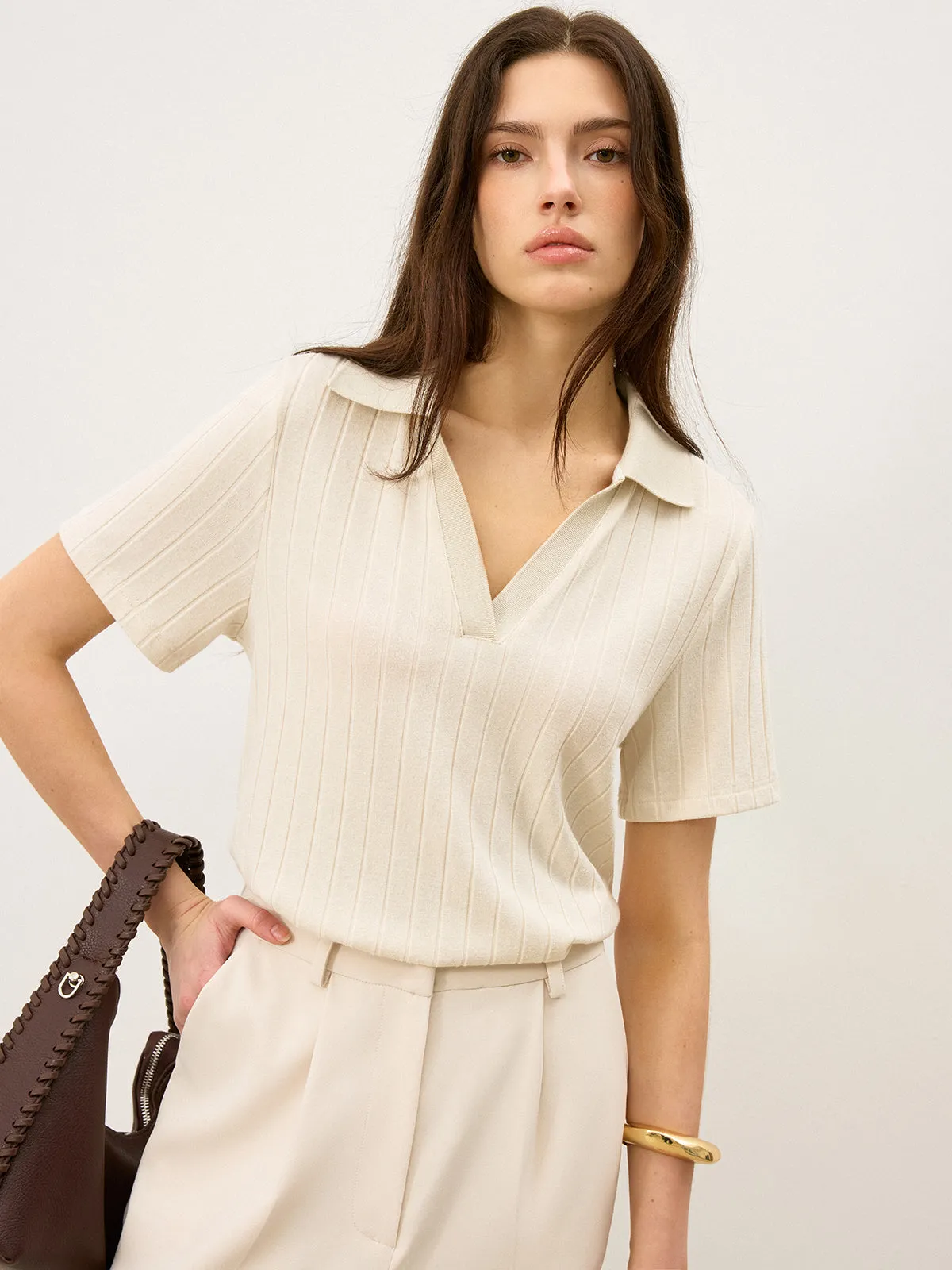 Ribbed Polo-Neck Knit Top sold by COMMENSE product image thumbnail 3
