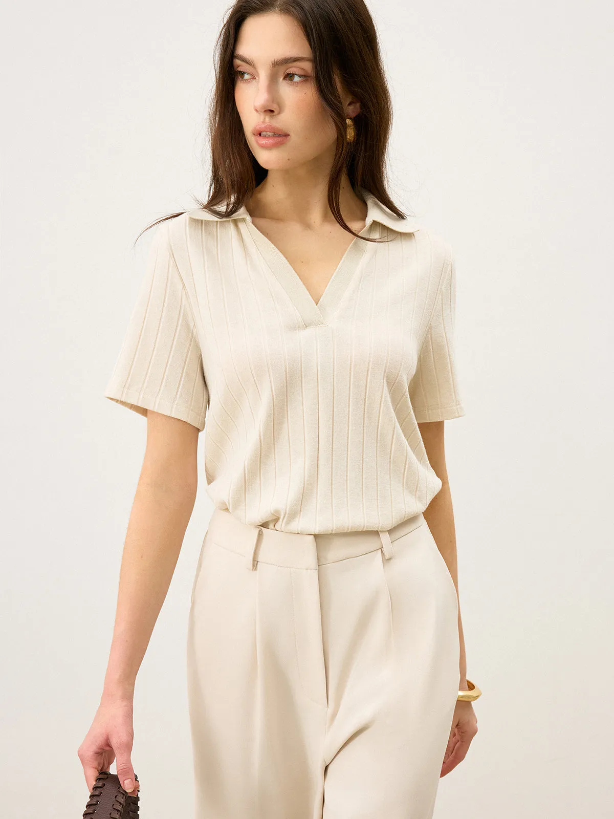 Ribbed Polo-Neck Knit Top sold by COMMENSE product image thumbnail 4