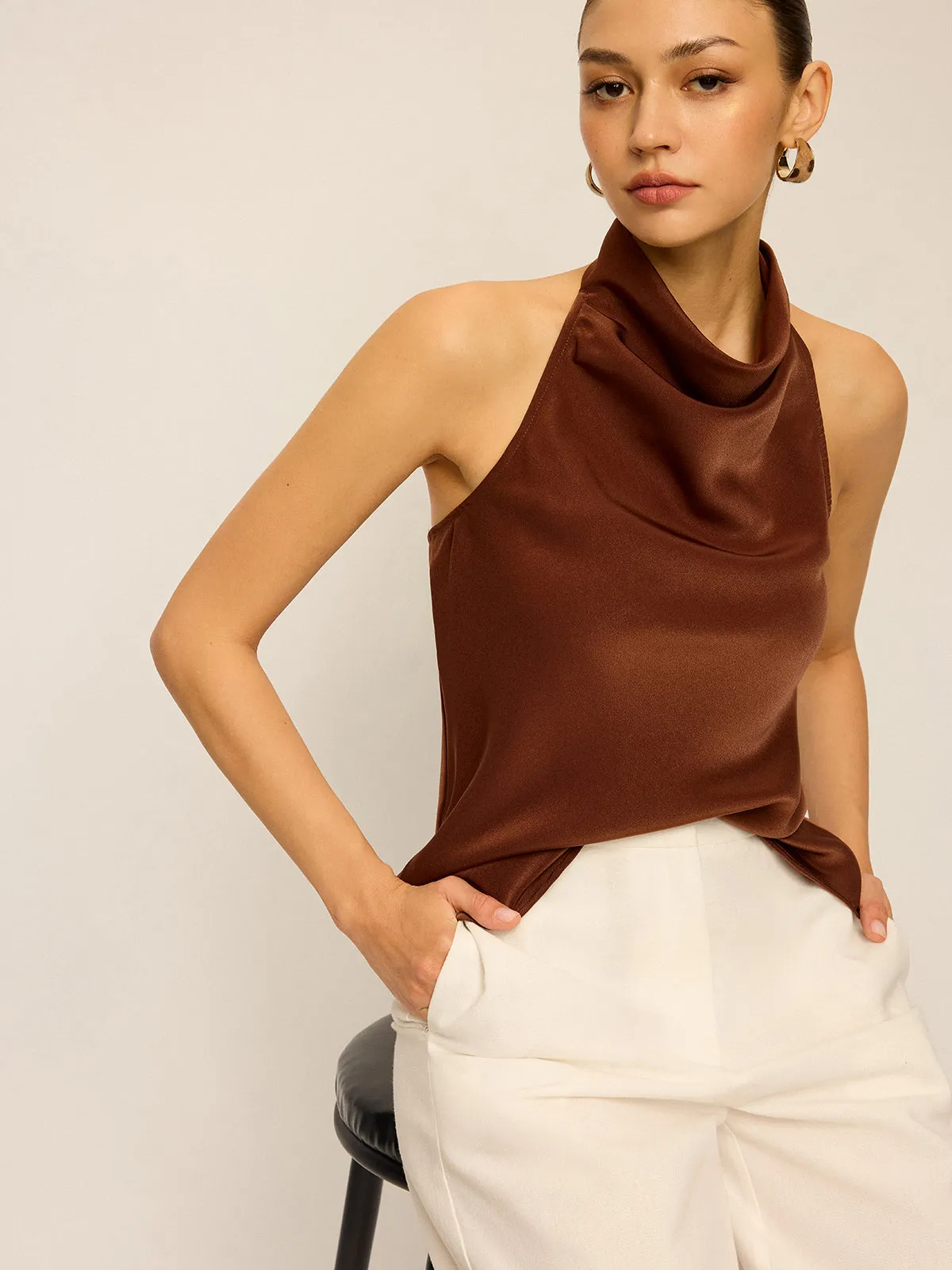 Satin Cowl Neck Halter Backless Top sold by COMMENSE
