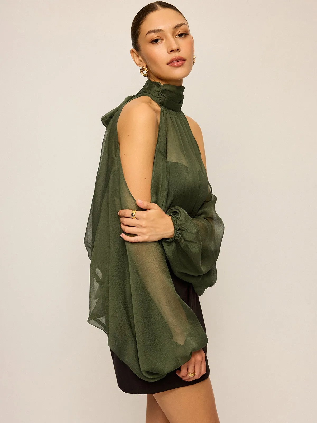 Sheer Halter Neck Cut-Out Sleeve Top with Bow Back sold by COMMENSE product image thumbnail 4