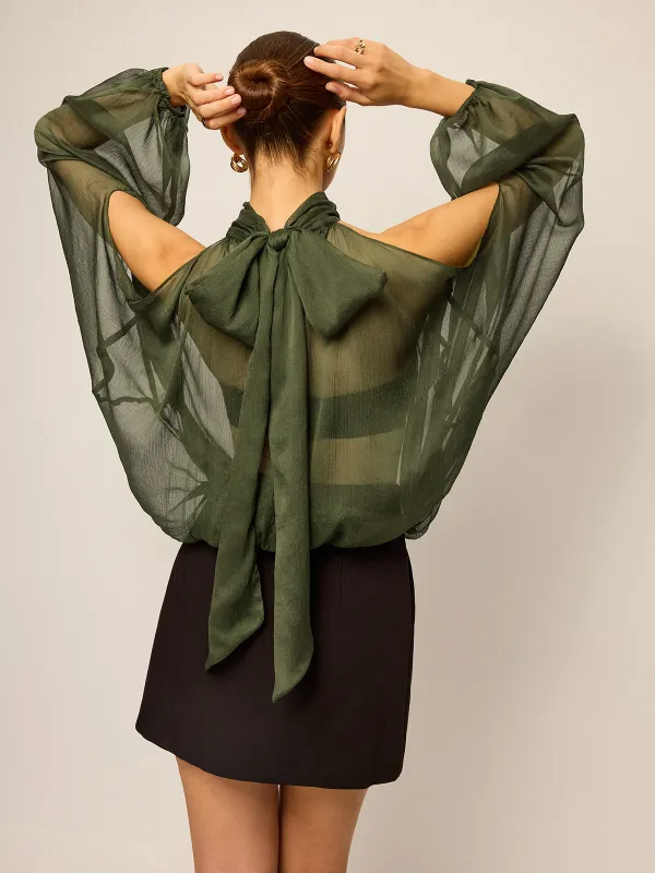 Sheer Halter Neck Cut-Out Sleeve Top with Bow Back sold by COMMENSE