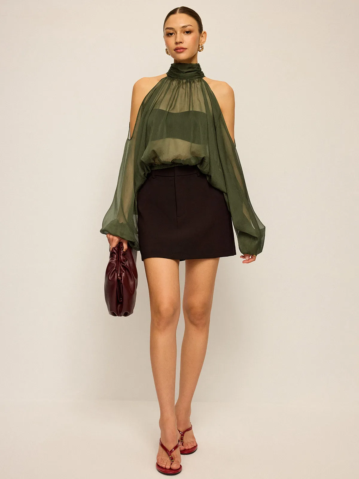 Sheer Halter Neck Cut-Out Sleeve Top with Bow Back sold by COMMENSE product image thumbnail 3