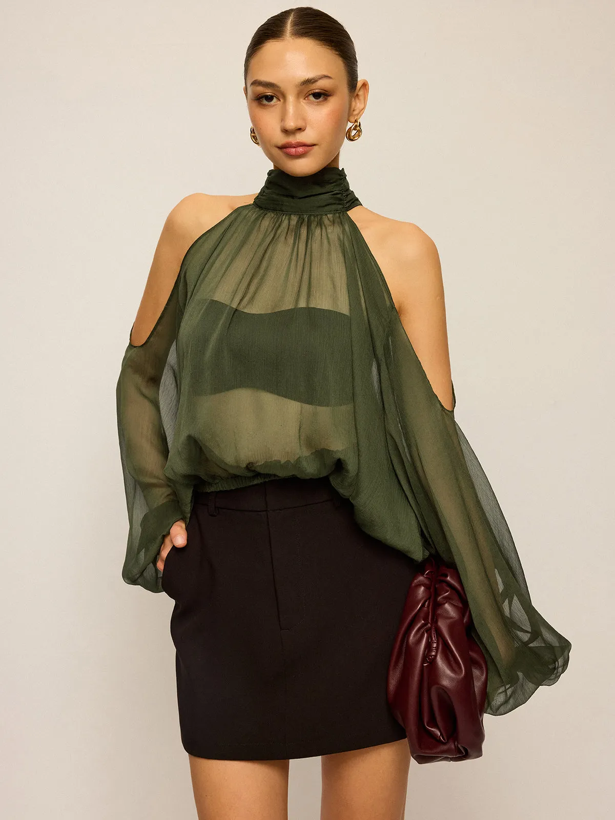 Sheer Halter Neck Cut-Out Sleeve Top with Bow Back sold by COMMENSE product image thumbnail 2