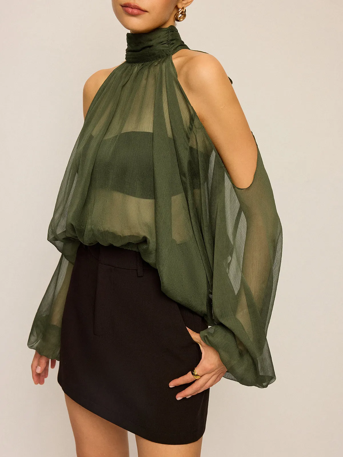 Sheer Halter Neck Cut-Out Sleeve Top with Bow Back sold by COMMENSE product image thumbnail 5