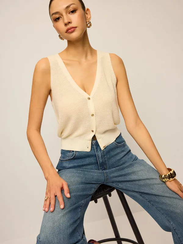 V-Neck Button Knitted Tank Top sold by COMMENSE