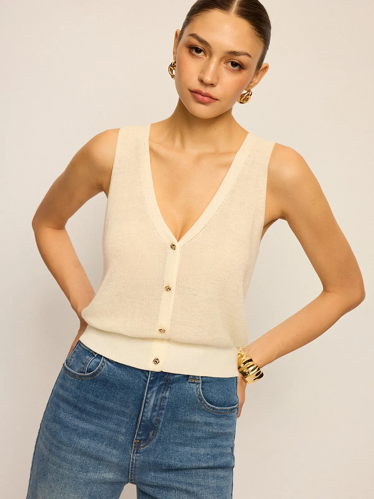 V-Neck Button Knitted Tank Top sold by COMMENSE product image thumbnail 5