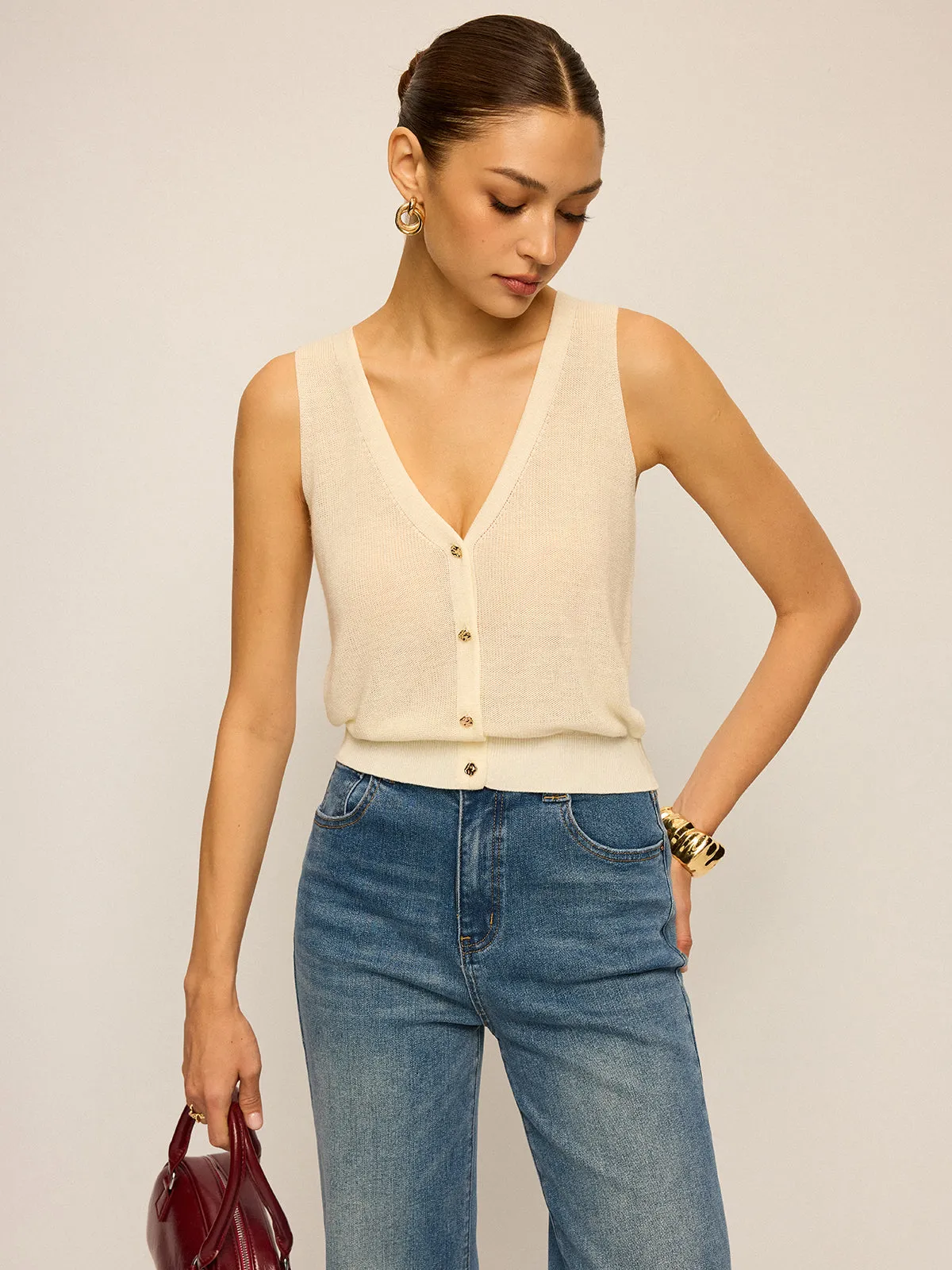V-Neck Button Knitted Tank Top sold by COMMENSE product image thumbnail 2