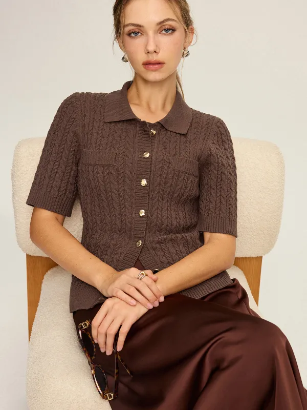 Cable Knit Short-Sleeve Button Top sold by COMMENSE