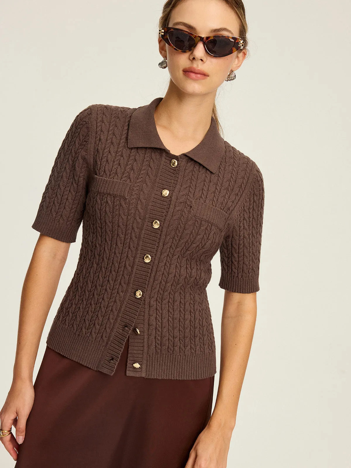 Cable Knit Short-Sleeve Button Top sold by COMMENSE product image thumbnail 4
