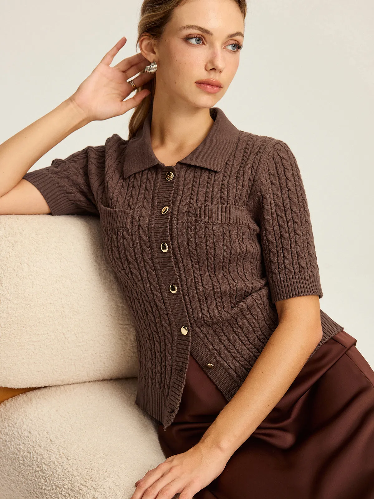 Cable Knit Short-Sleeve Button Top sold by COMMENSE product image thumbnail 3
