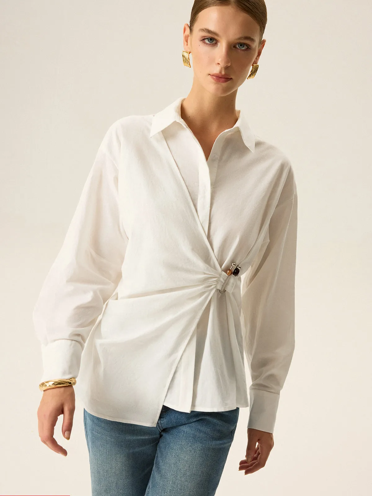 Asymmetric Wrap Long-Sleeve Shirt sold by COMMENSE