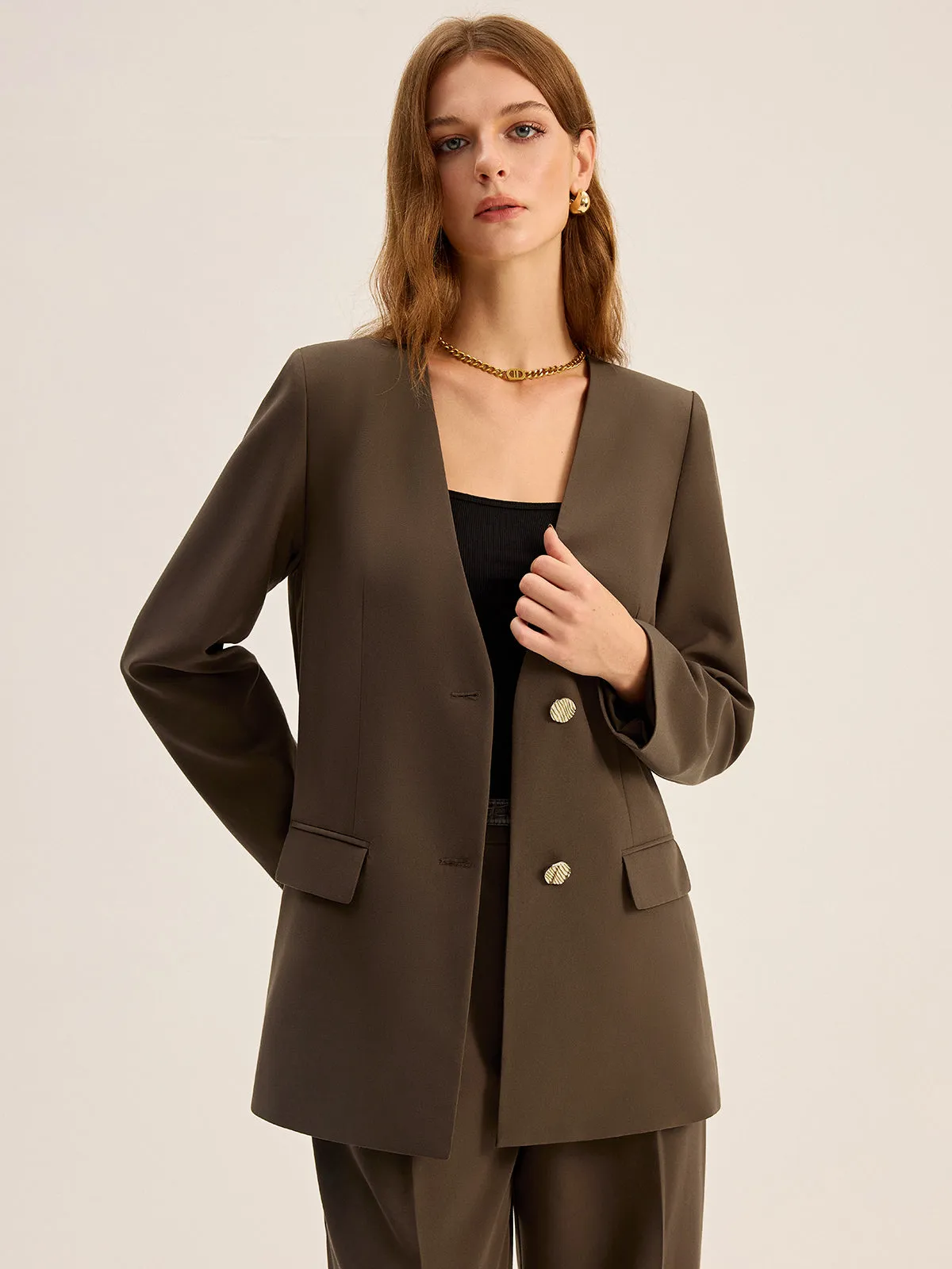 V-Neck Metal Button Blazer sold by COMMENSE