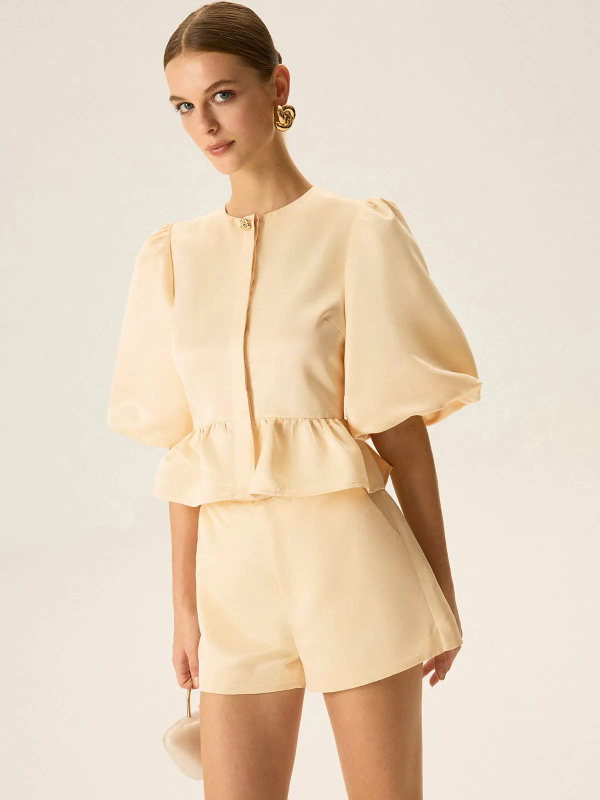 Puff Sleeve Peplum Top and Shorts Set sold by COMMENSE product image thumbnail 3
