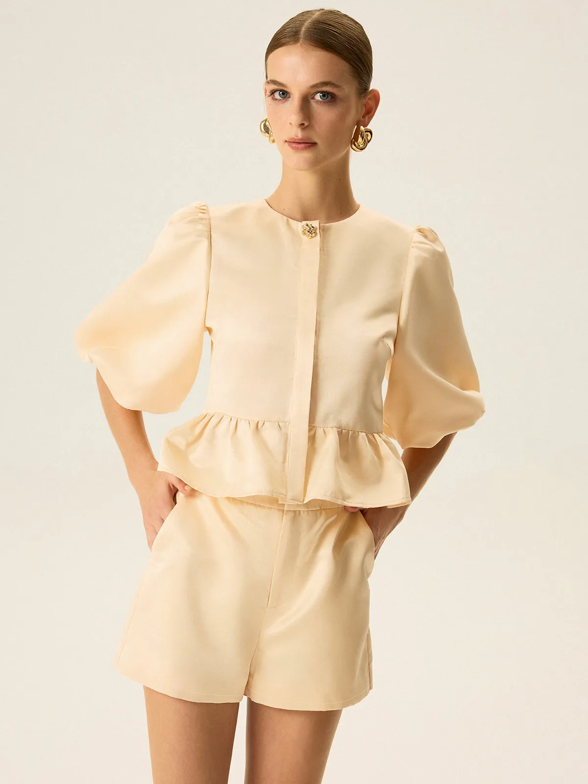 Puff Sleeve Peplum Top and Shorts Set sold by COMMENSE product image thumbnail 2