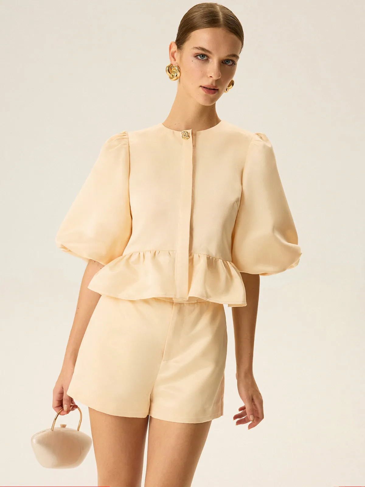 Puff Sleeve Peplum Top and Shorts Set sold by COMMENSE