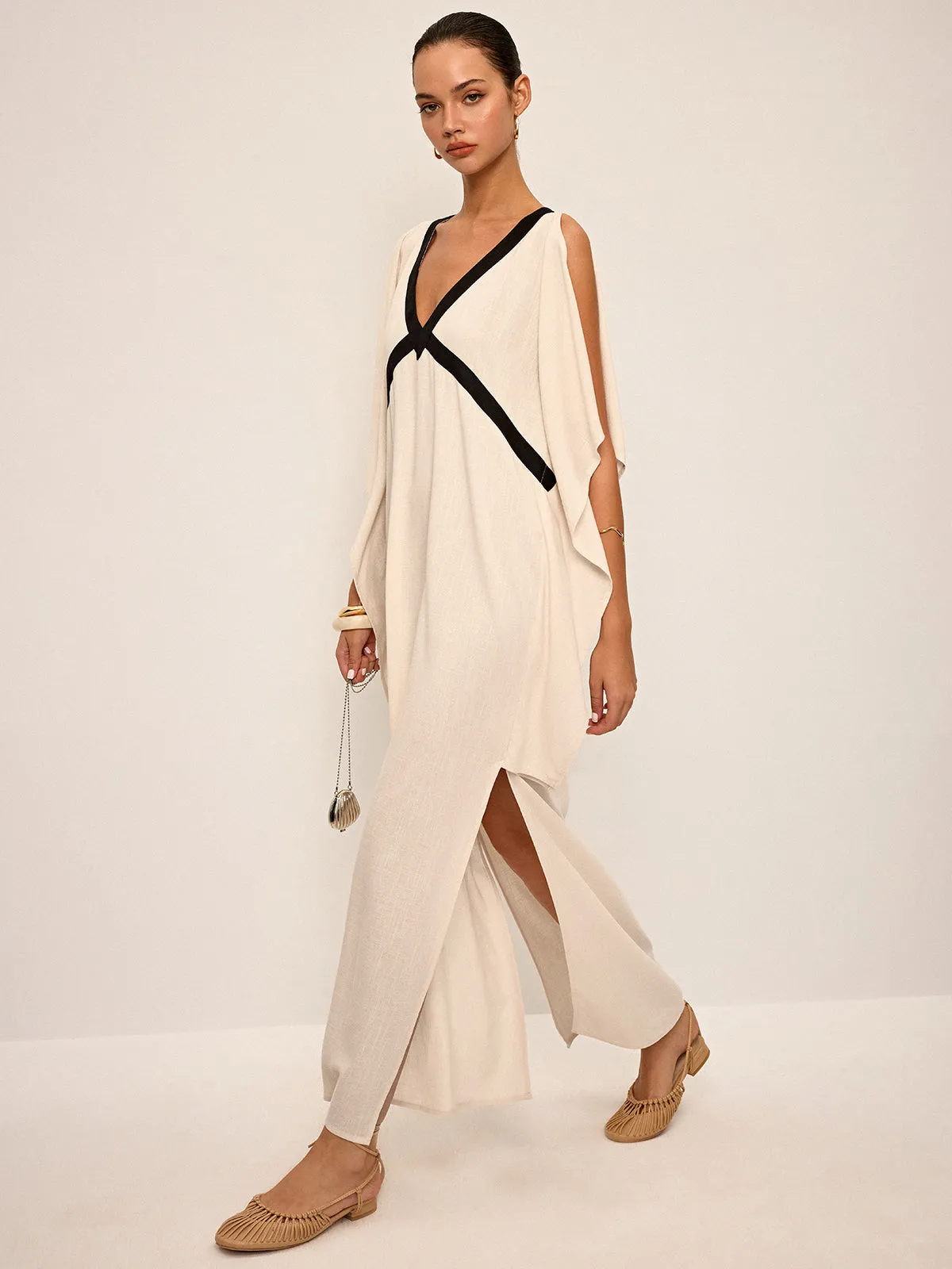 Contrast Trim Maxi Dress with Slit sold by COMMENSE product image thumbnail 3