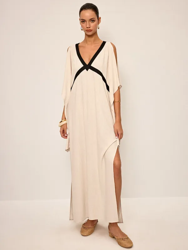 Contrast Trim Maxi Dress with Slit sold by COMMENSE