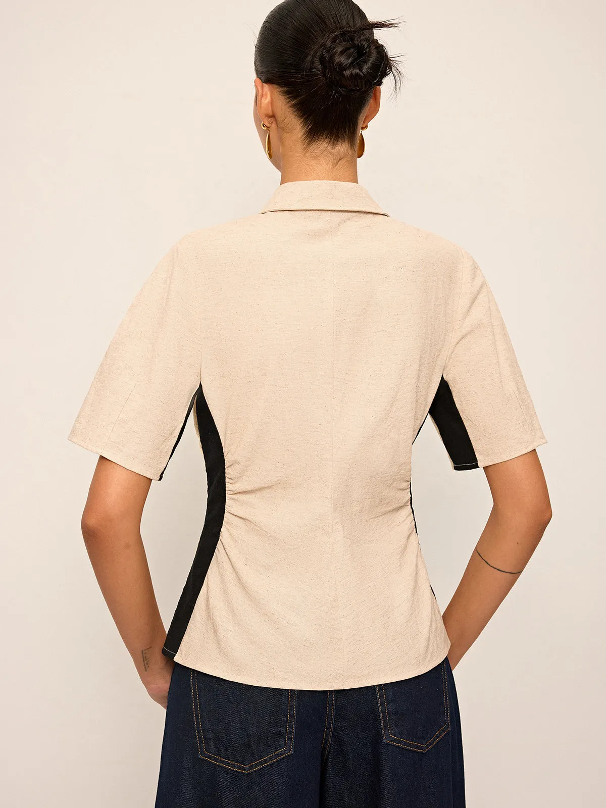 Cotton & Linen Contrast Trim Ruched Shirt sold by COMMENSE product image thumbnail 5