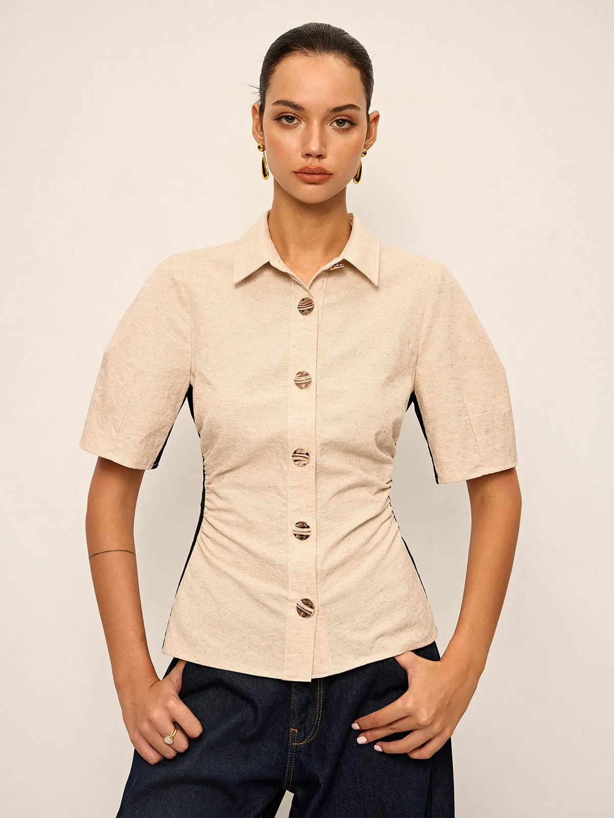 Cotton & Linen Contrast Trim Ruched Shirt sold by COMMENSE product image thumbnail 3