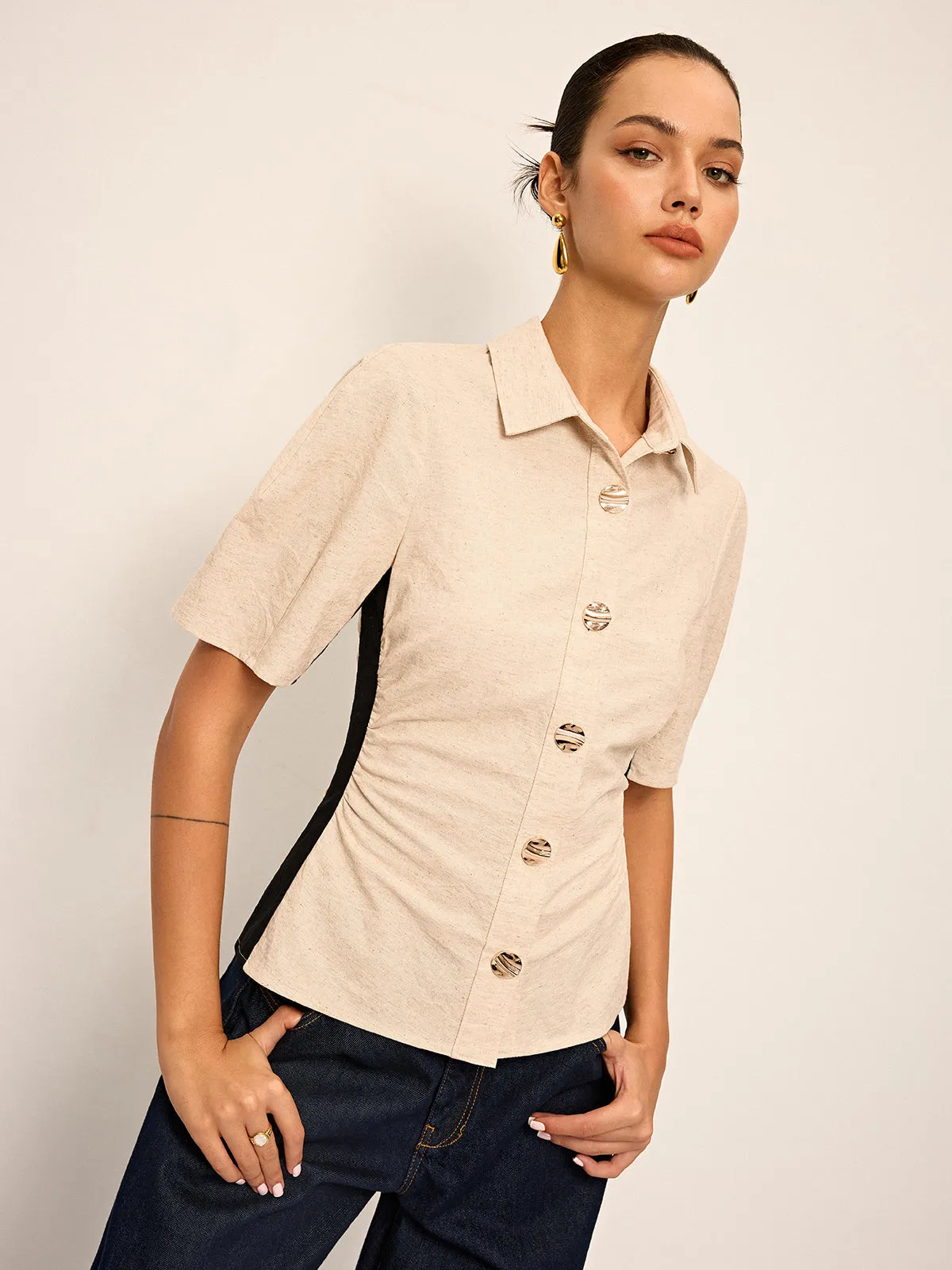 Cotton & Linen Contrast Trim Ruched Shirt sold by COMMENSE product image thumbnail 4