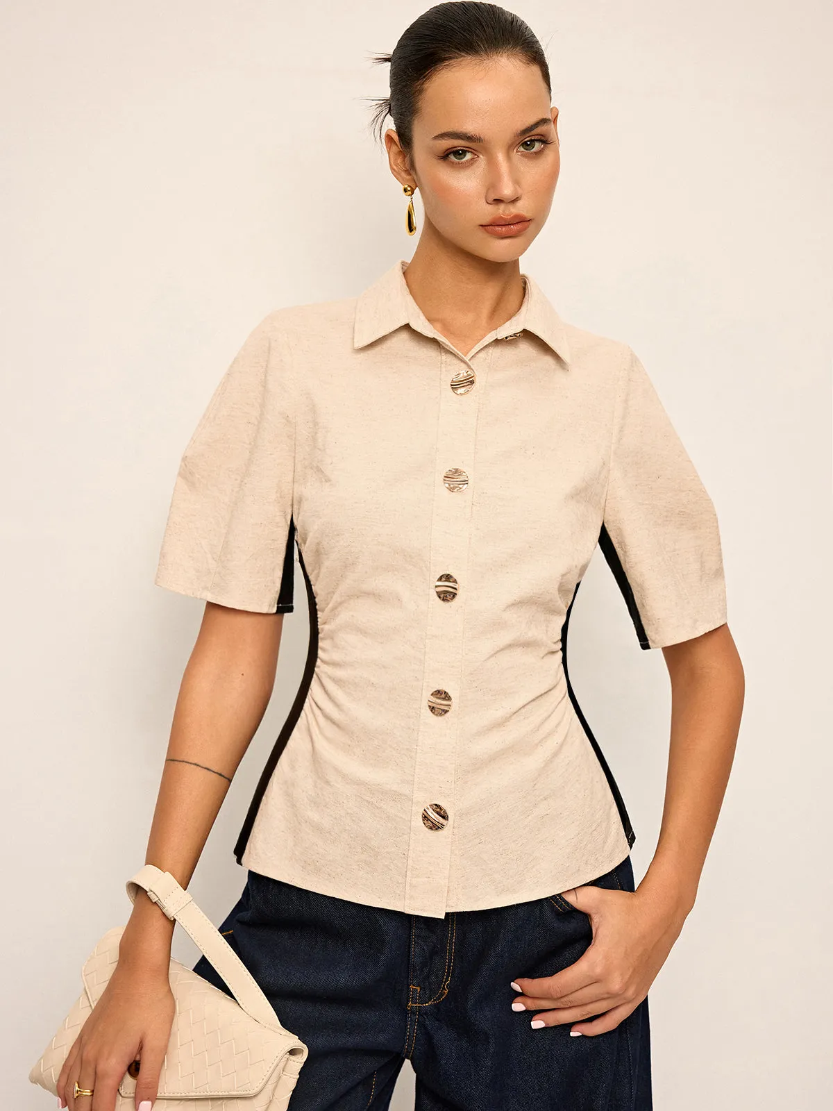 Cotton & Linen Contrast Trim Ruched Shirt sold by COMMENSE