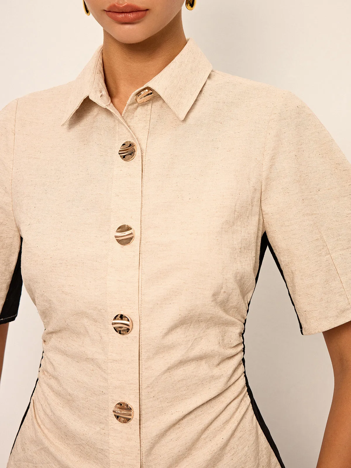 Cotton & Linen Contrast Trim Ruched Shirt sold by COMMENSE product image thumbnail 2