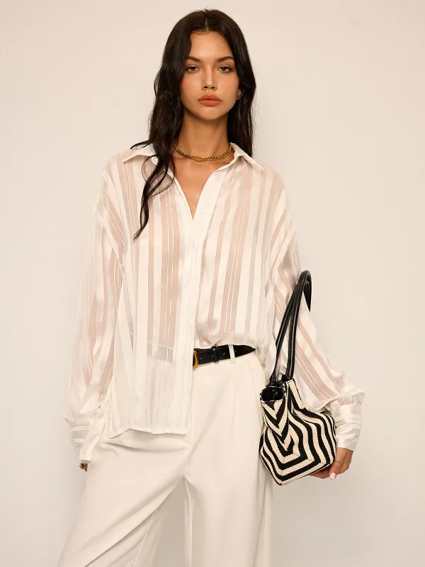 Sheer Striped Long-Sleeve Shirt sold by COMMENSE