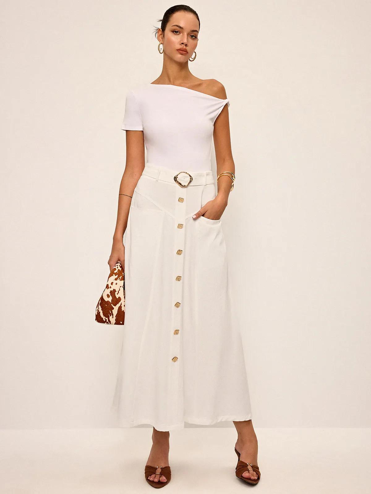 Cotton Button-Front Midi Skirt with Belt sold by COMMENSE product image thumbnail 2