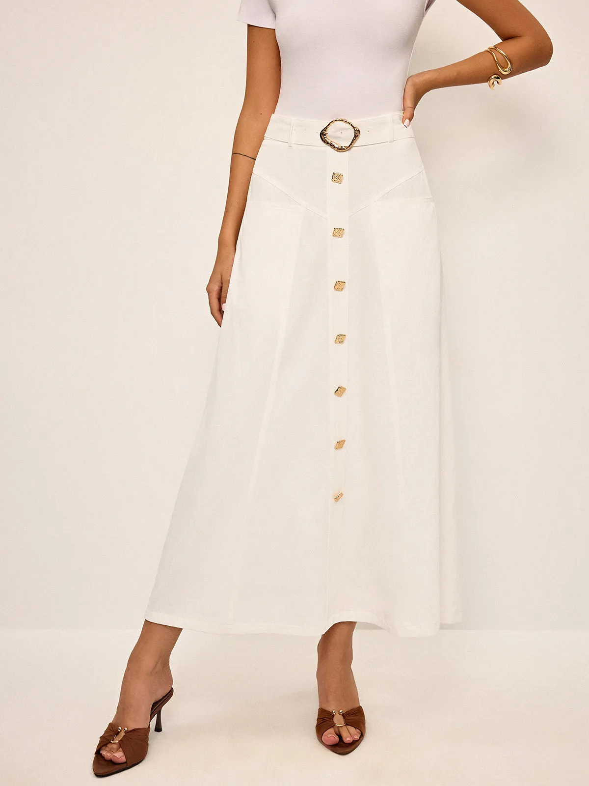 Cotton Button-Front Midi Skirt with Belt sold by COMMENSE product image thumbnail 5