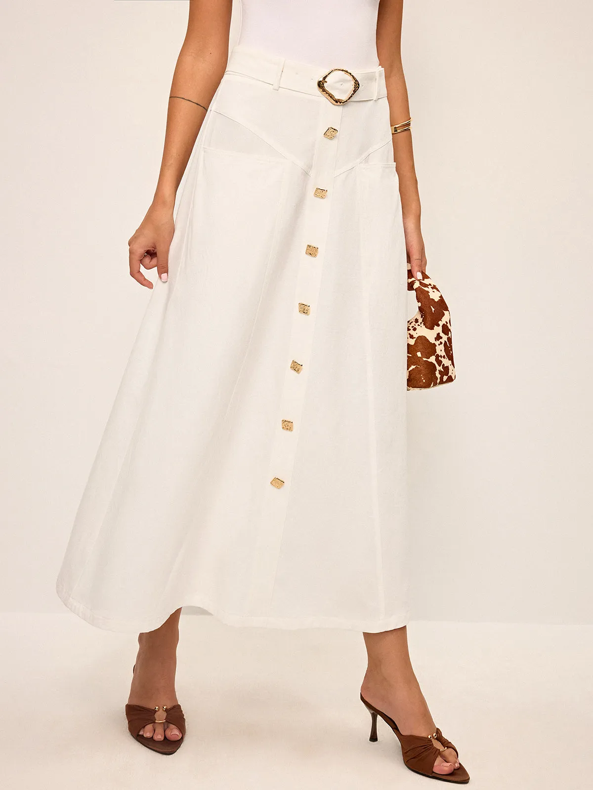 Cotton Button-Front Midi Skirt with Belt sold by COMMENSE