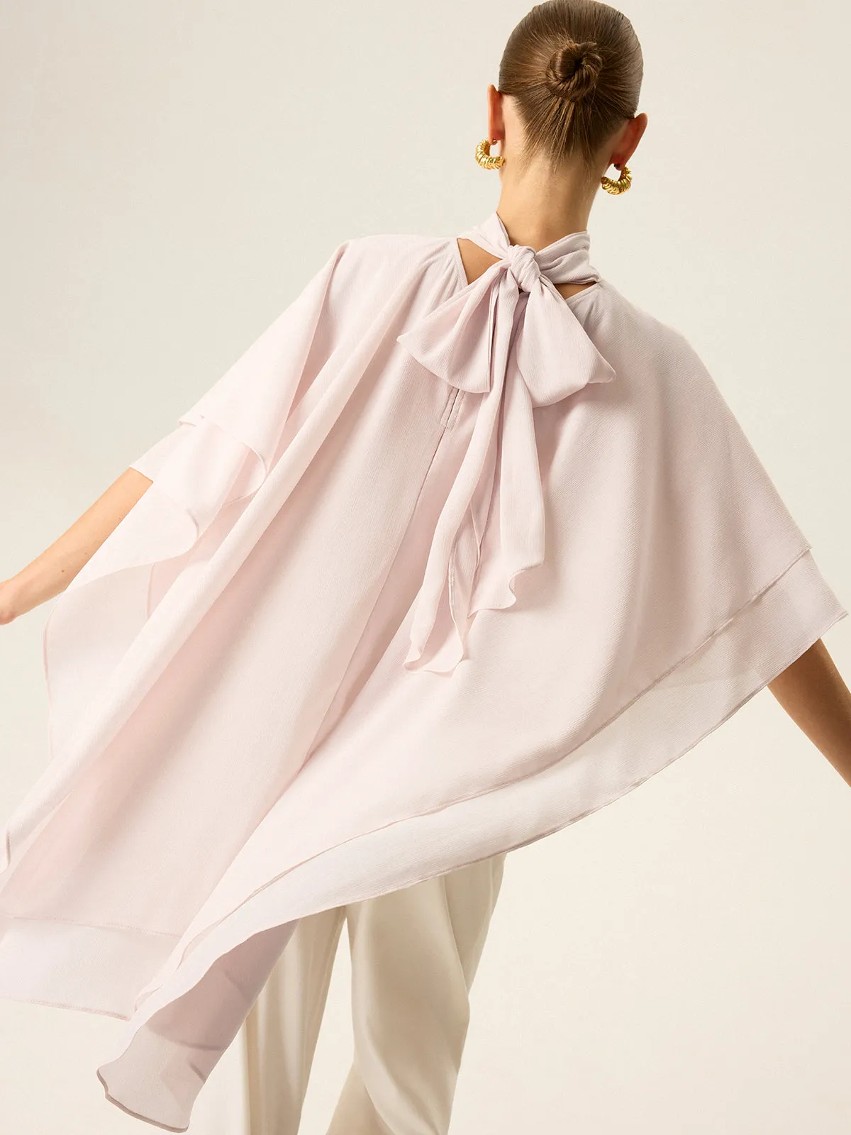 Semi-Sheer Chiffon High-Neck Tiered Cape Top sold by COMMENSE