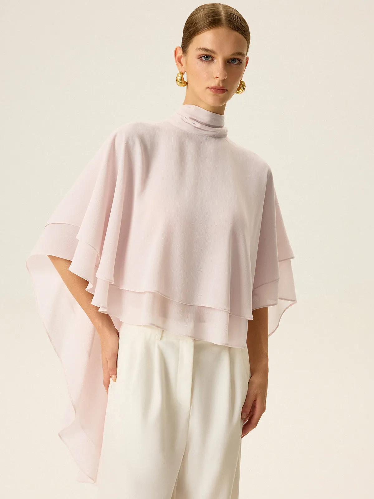 Semi-Sheer Chiffon High-Neck Tiered Cape Top sold by COMMENSE product image thumbnail 3