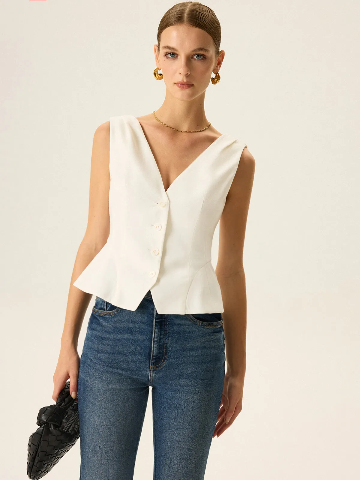 Button-Front Peplum Vest sold by COMMENSE