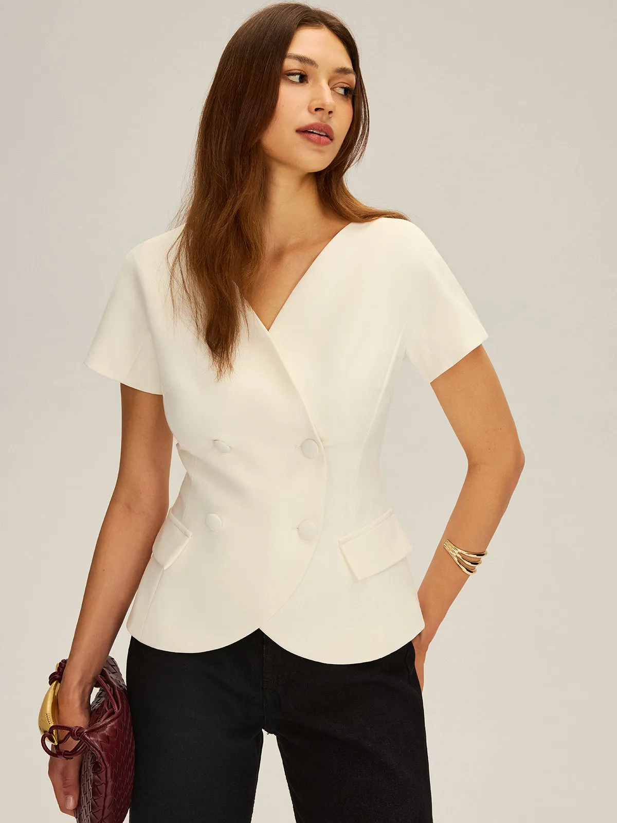 Double-Breasted Short-Sleeve Blazer sold by COMMENSE