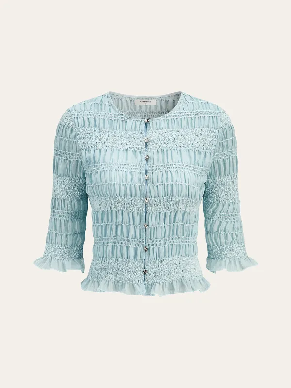 Ruched Ruffle Trim Blouse sold by COMMENSE