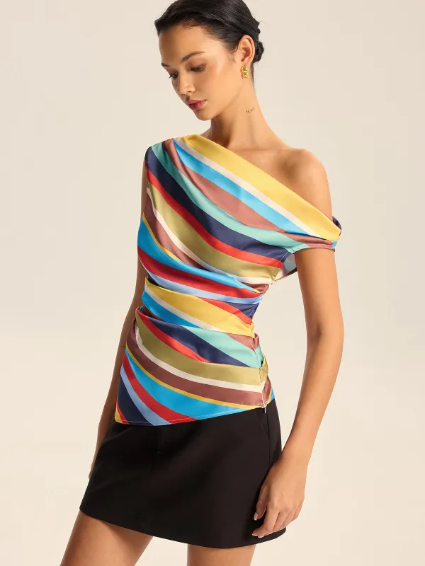 Colorful Striped One-Shoulder Top sold by COMMENSE