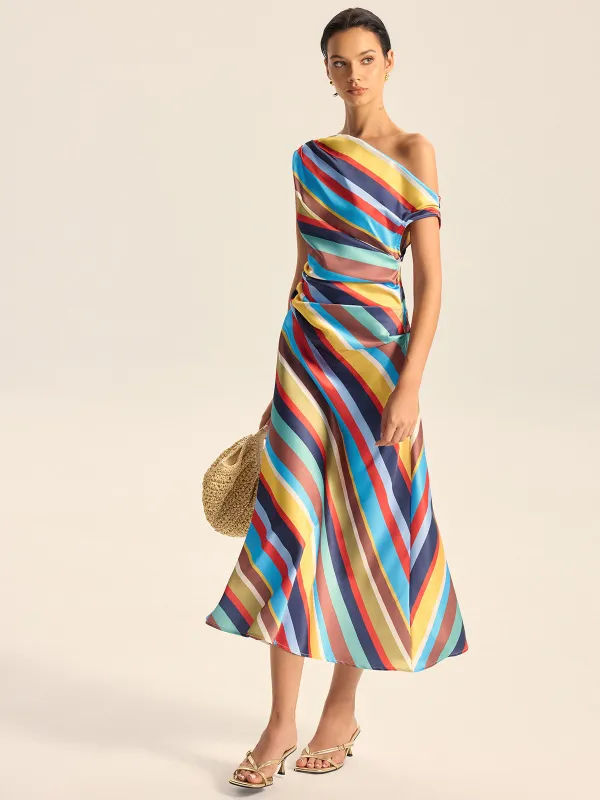 Colorful Striped One-Shoulder Maxi Dress sold by COMMENSE