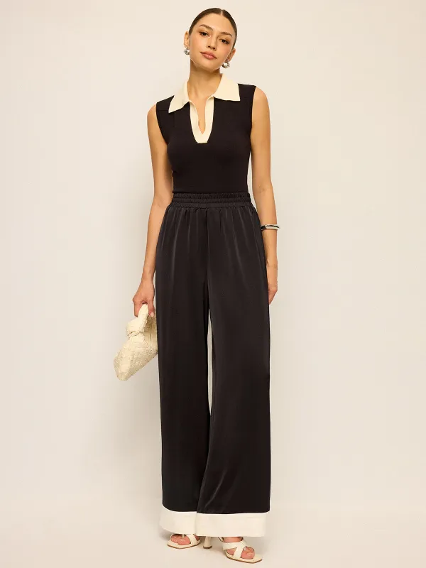 Satin Wide-Leg Pants with Contrast Cuffs sold by COMMENSE