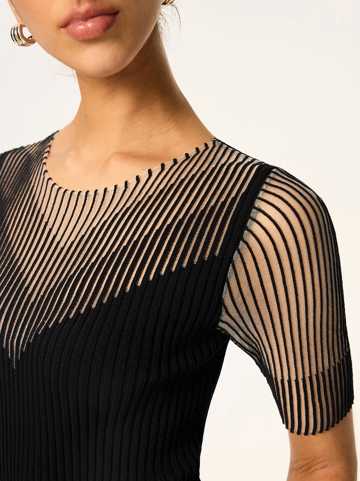 Sheer Striped Panel Ribbed Knit Top sold by COMMENSE product image thumbnail 4