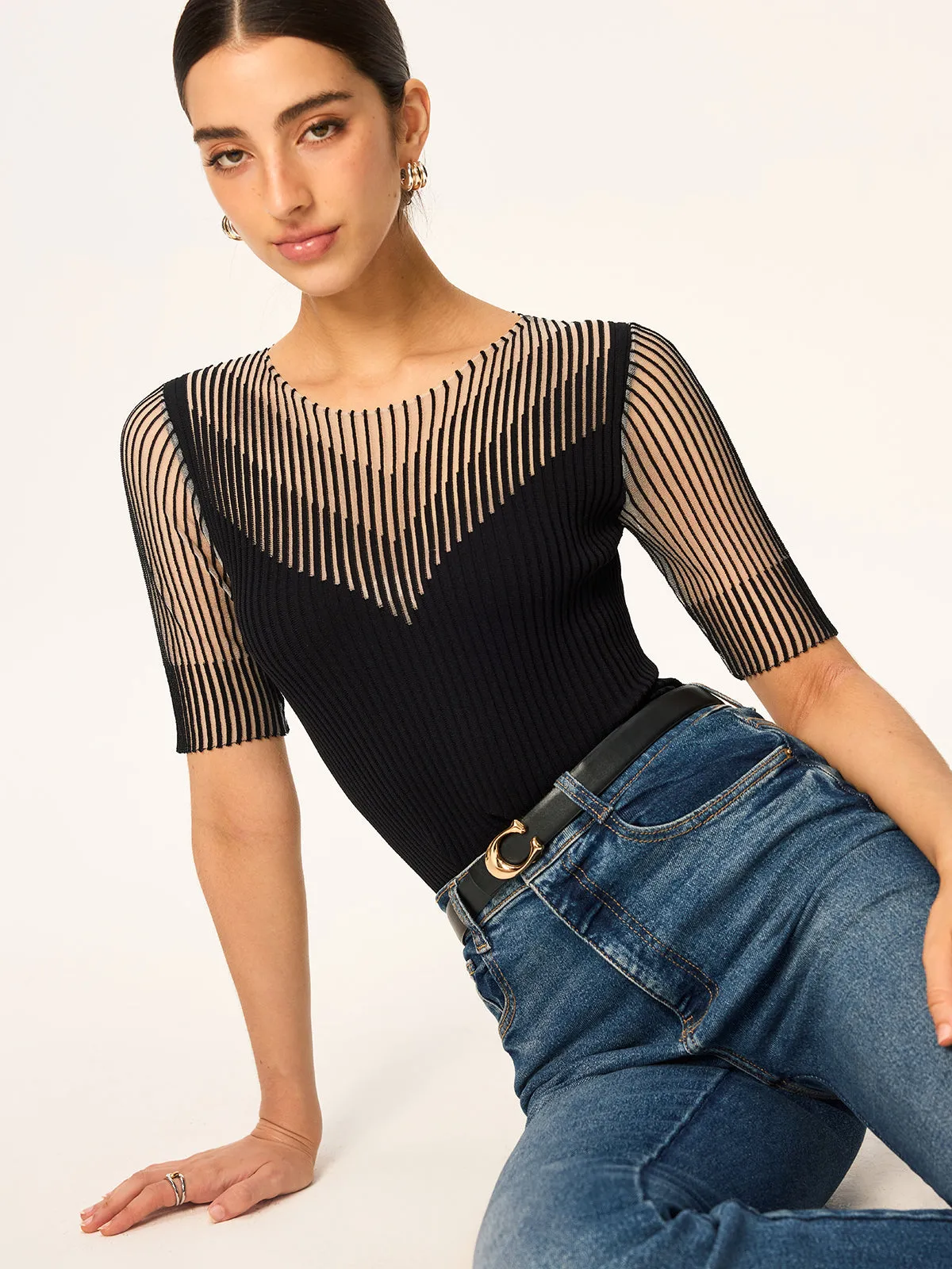 Sheer Striped Panel Ribbed Knit Top sold by COMMENSE product image thumbnail 5