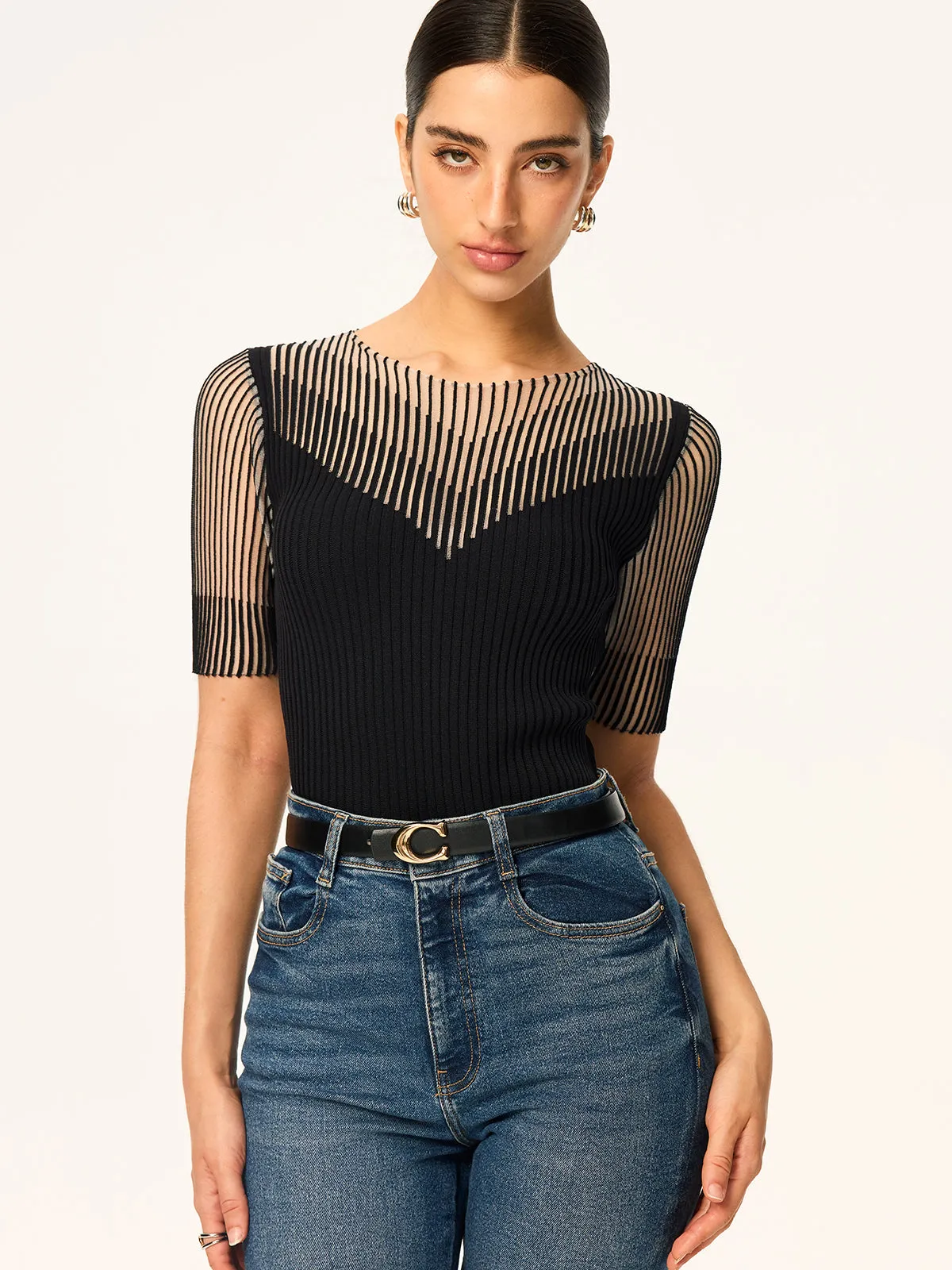 Sheer Striped Panel Ribbed Knit Top sold by COMMENSE product image thumbnail 2