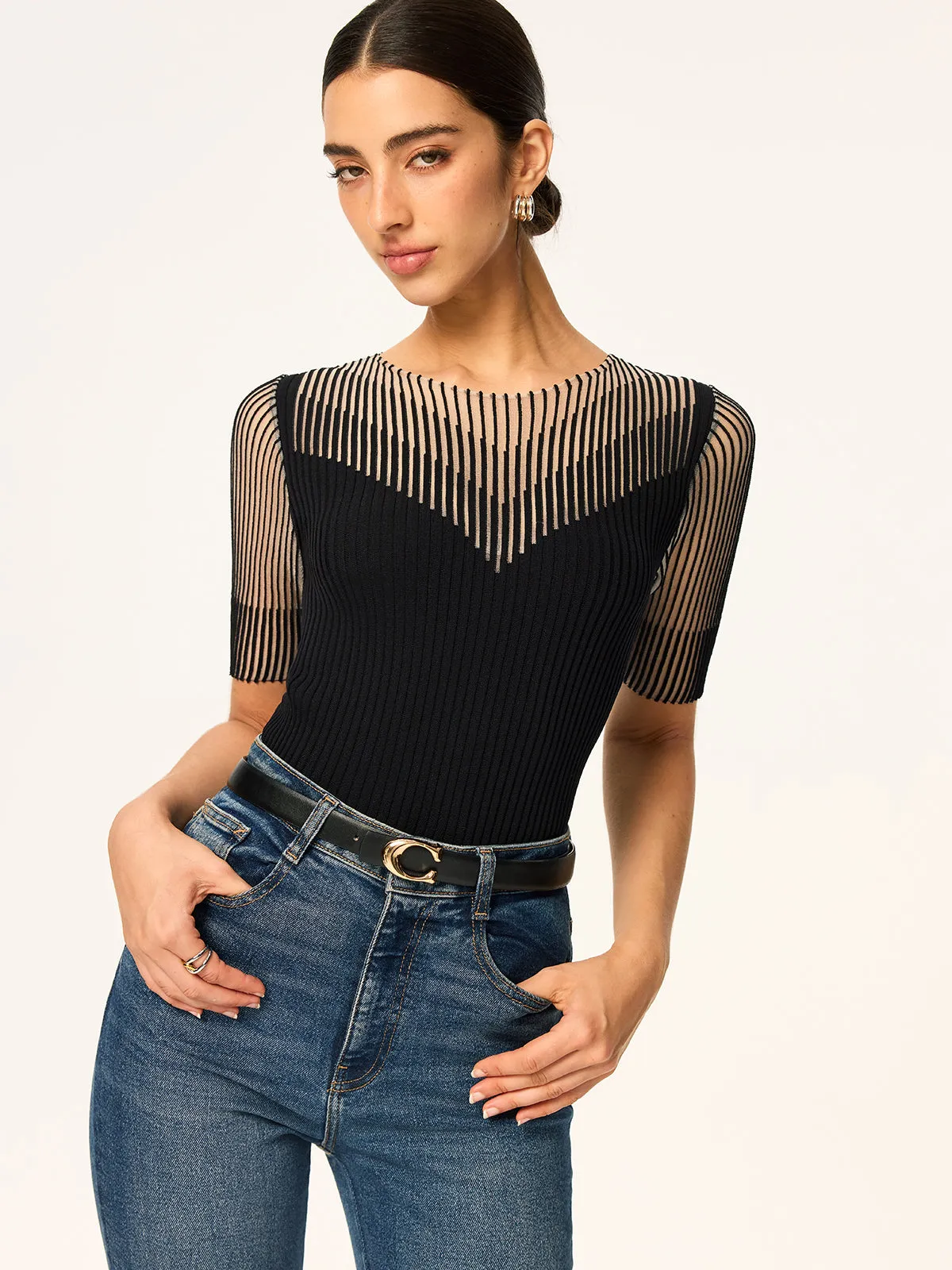 Sheer Striped Panel Ribbed Knit Top sold by COMMENSE