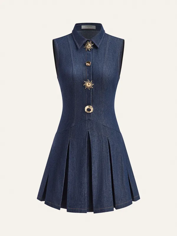 Denim Sleeveless Pleated Shirt Dress sold by COMMENSE