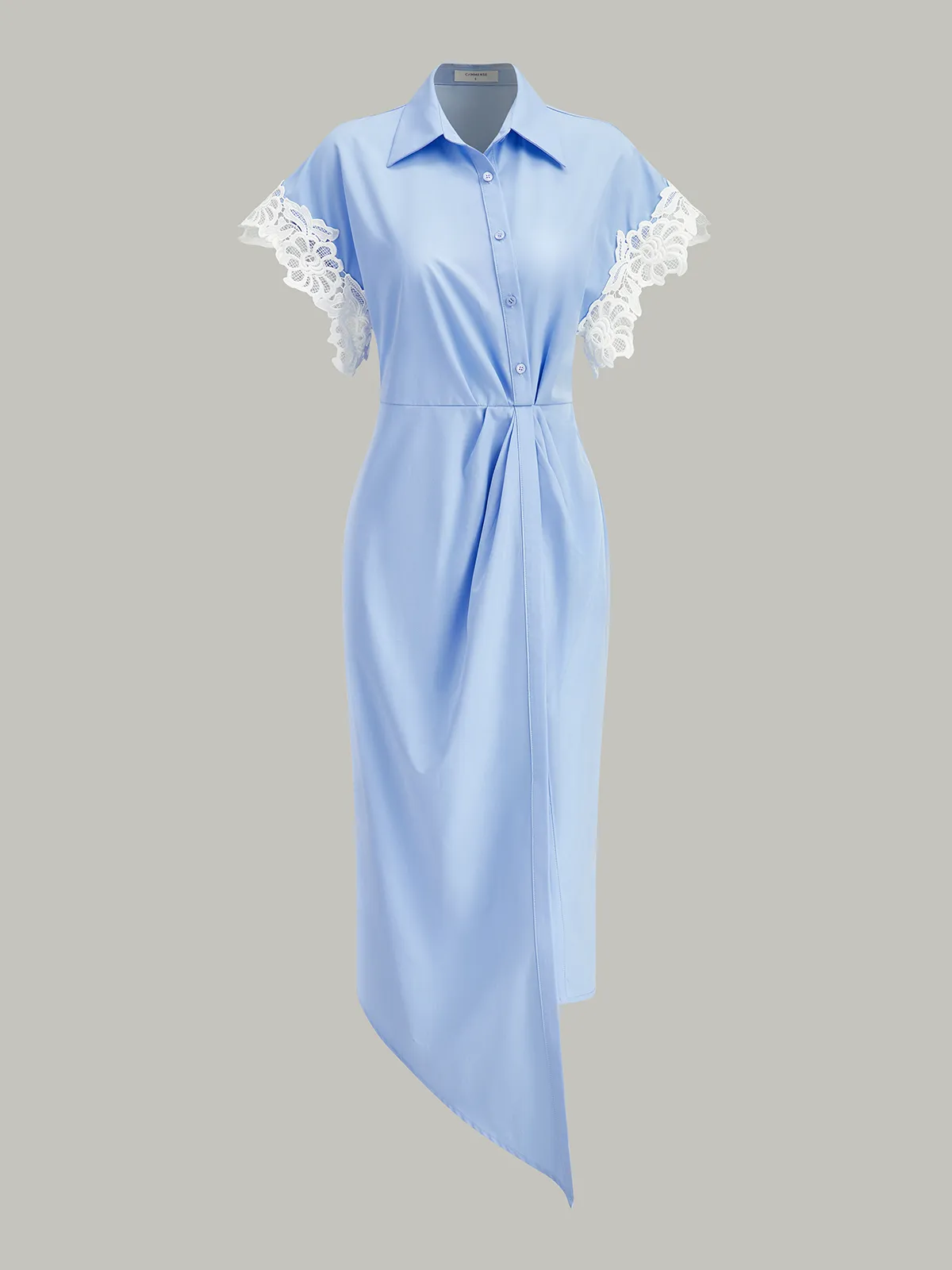 Lace Trim Asymmetric Hem Shirt Dress sold by COMMENSE