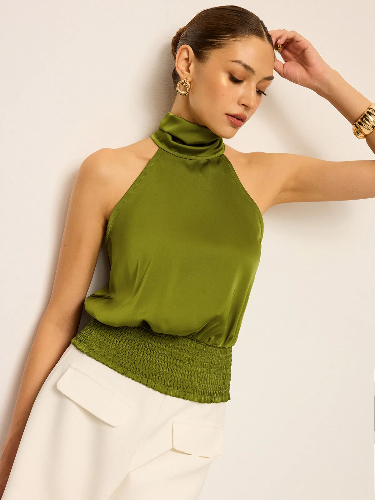 Satin Halter Neck Top with Smocked Waist sold by COMMENSE product image thumbnail 5