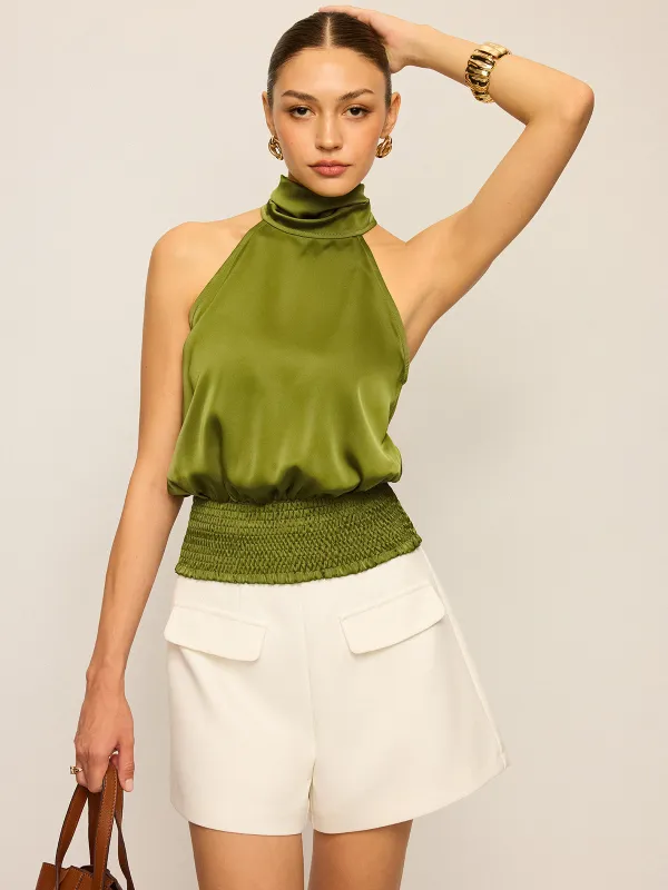 Satin Halter Neck Top with Smocked Waist sold by COMMENSE