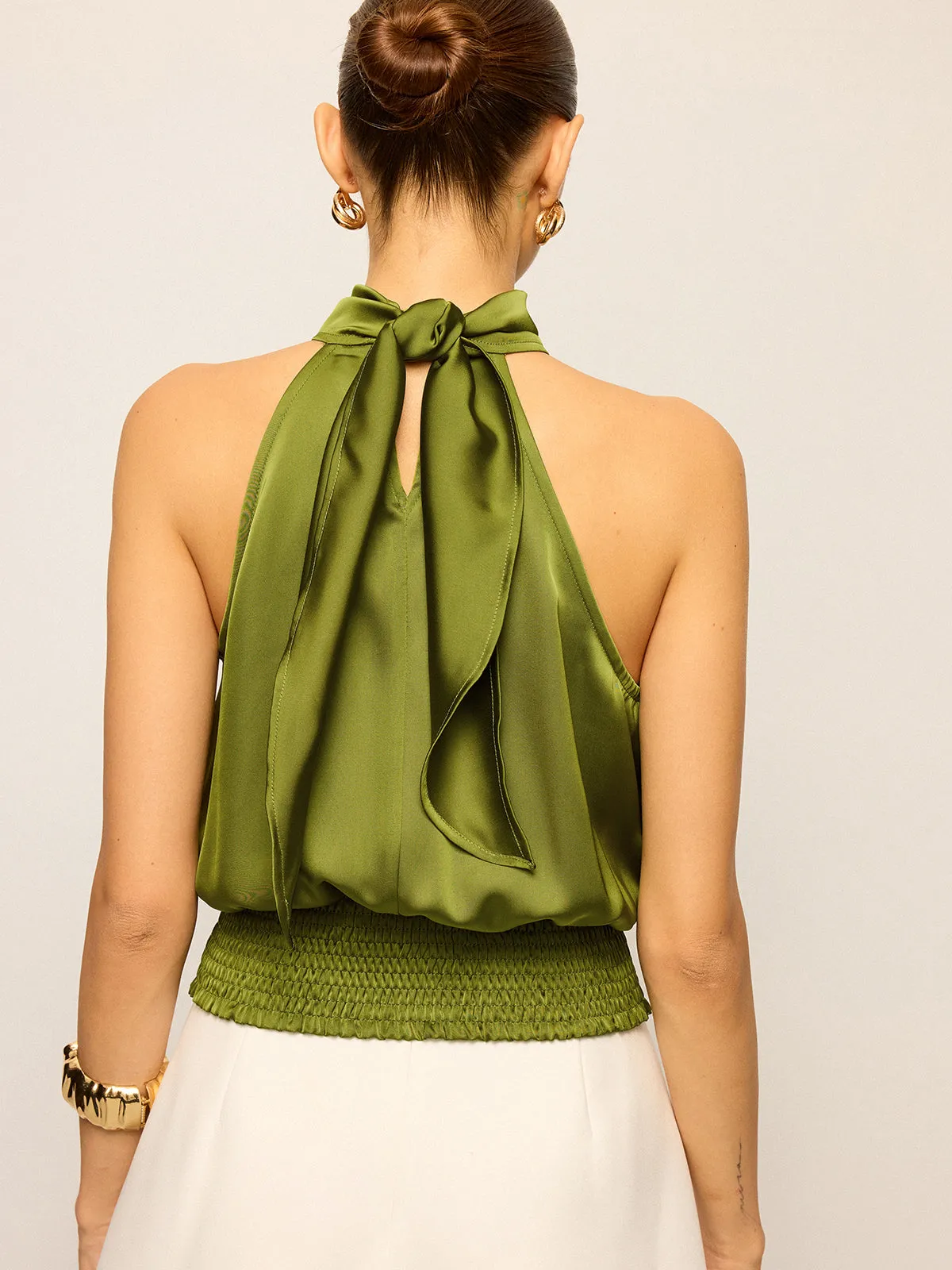 Satin Halter Neck Top with Smocked Waist sold by COMMENSE product image thumbnail 4