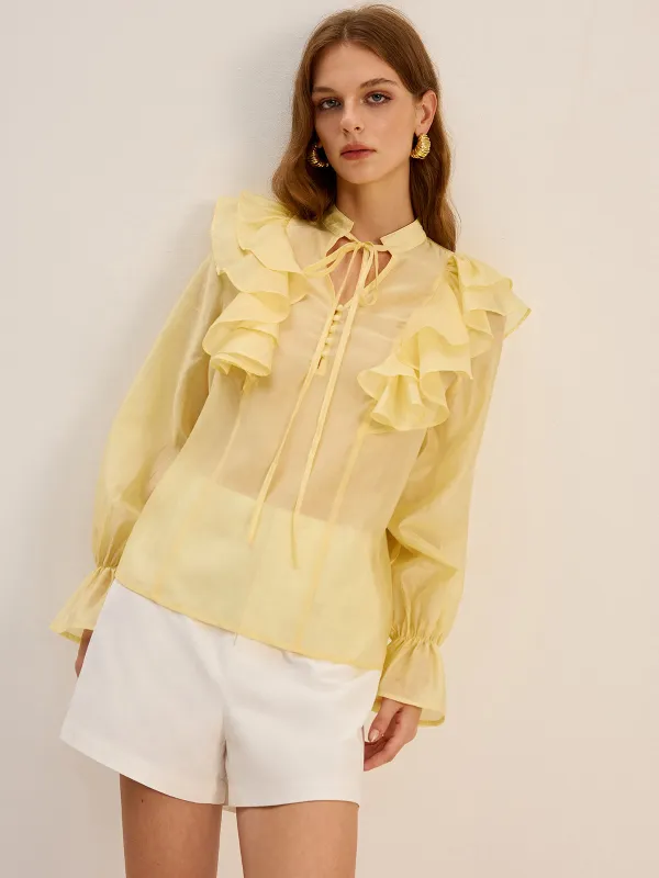 Semi-Sheer Tencel Ruffle Tie Neck Blouse sold by COMMENSE